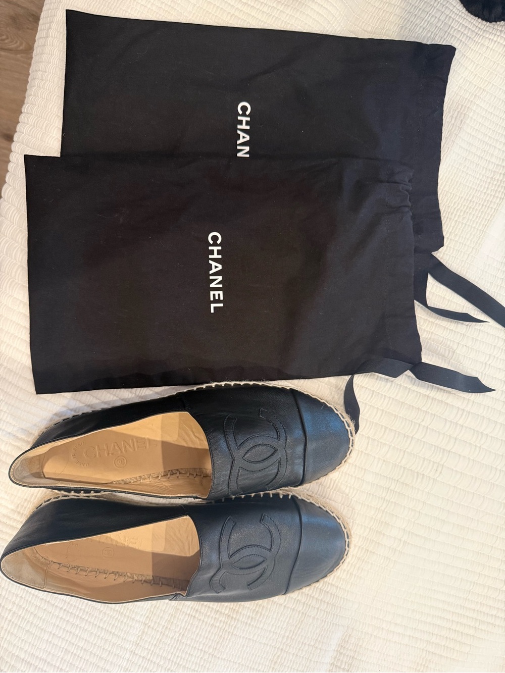 CHANEL Black Leather Espadrille Flats with CC Motif